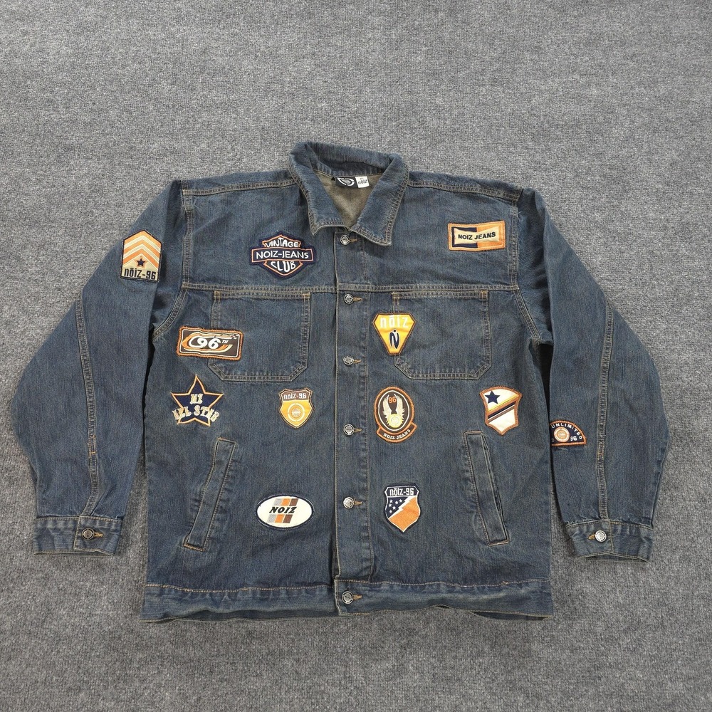 Noiz Jacket Mens XL Blue Denim Embroidered Patch Logo Retro Streetwear Vintage